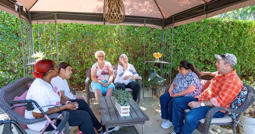 group of guests sitting in backyard